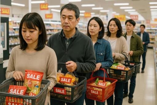 レジに並ぶ客たちの写真