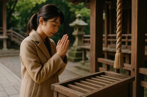 寺の賽銭箱で祈る女性 寺の賽銭箱で祈る女性の写真