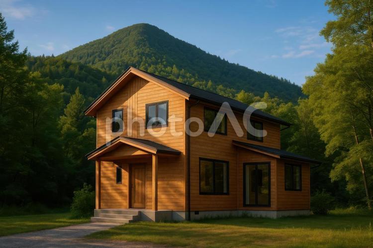 山の麓に建つ木の家 新築,住宅,山の写真素材