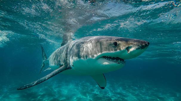鋭い眼光:ホホジロザメの水中からの視線 鋭い眼光:ホホジロザメの水中からの視線の写真