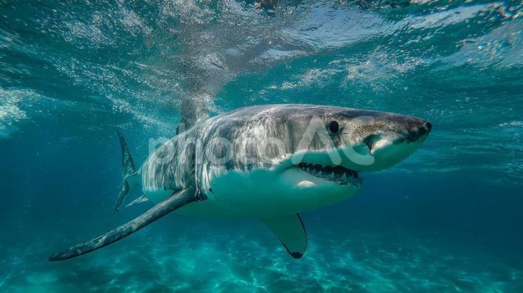 鋭い眼光：ホホジロザメの水中からの視線 ホホジロザメ,サメ,鮫の写真素材