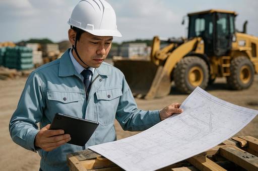 図面を広げて測量データを確認する測量士 図面を広げて測量データを確認する測量士の写真