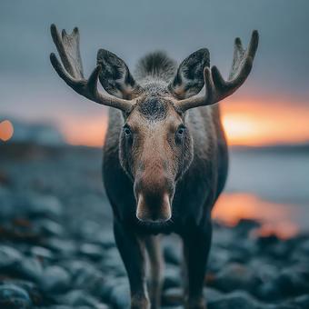 夕日に染まるヘラジカの姿 夕日に染まるヘラジカの姿の写真