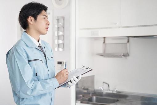 Japanese male worker checking room equipment, ein zimmer, ausrüstung, überprüfen, JPG