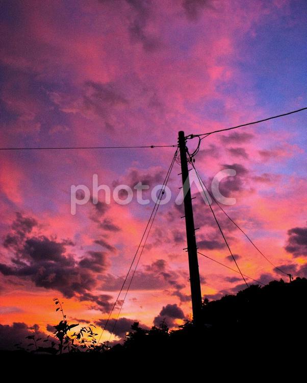 電柱と夕焼け 電柱,夕焼け,電線の写真素材