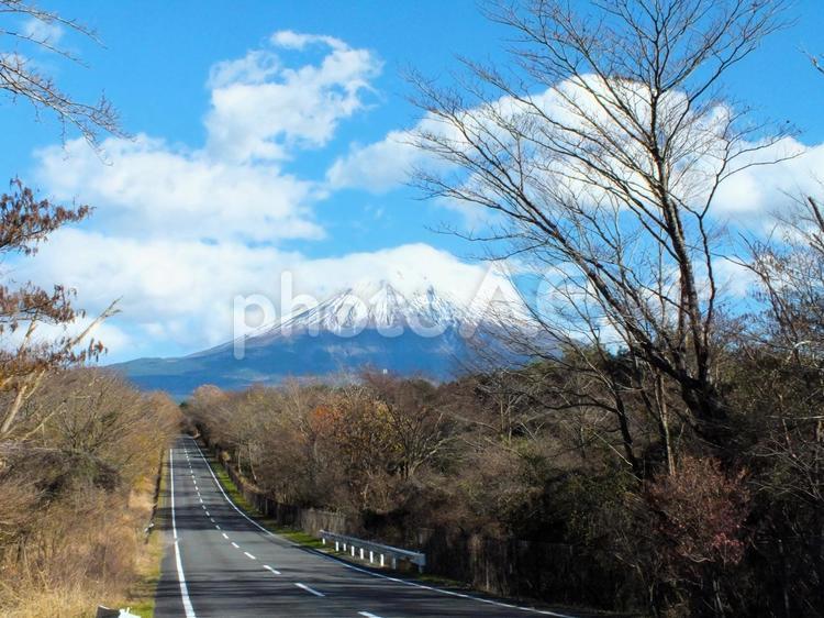 富士山へと駆け上がる道路 富士山,雪,冬の写真素材