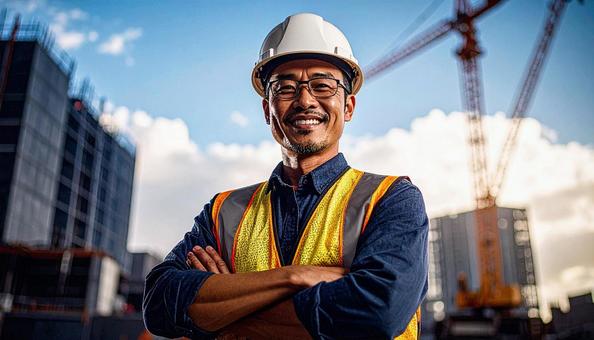建設現場で腕組する建設作業員 建設現場で腕組する建設作業員の写真