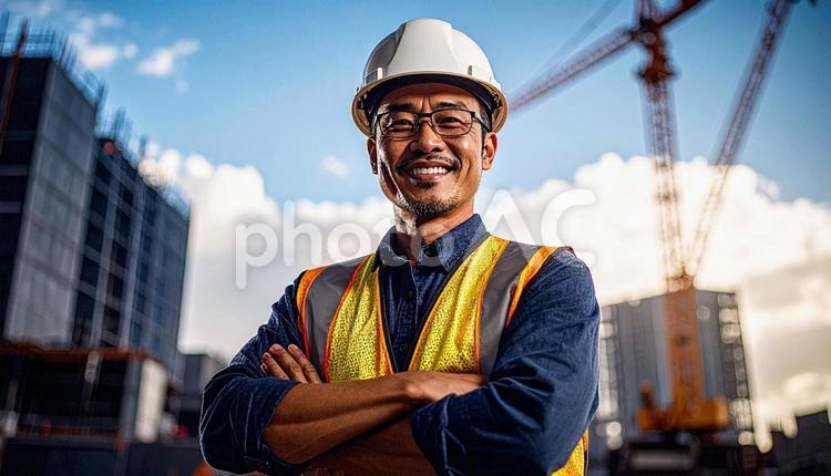建設現場で腕組する建設作業員 建設現場,安全服,クレーンの写真素材