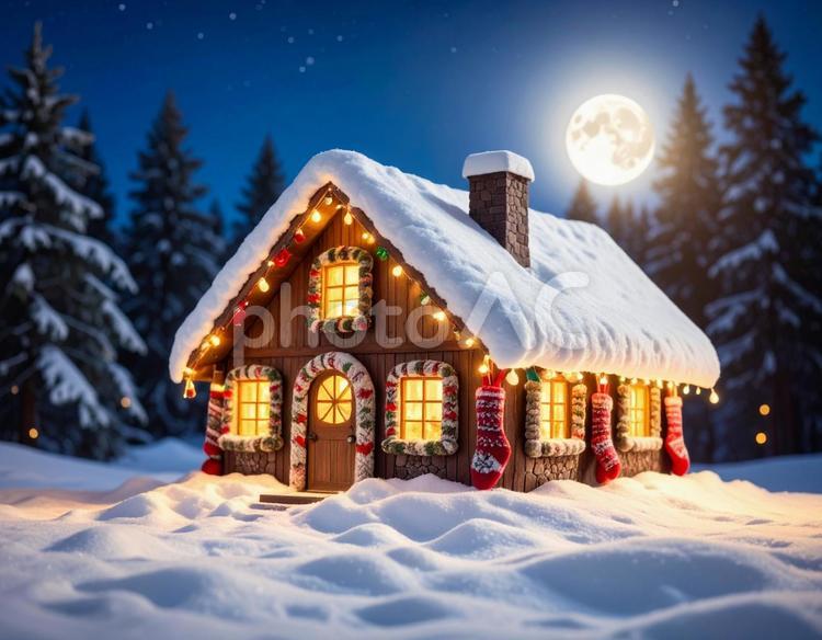 雪が積もる森の中に建つお菓子の家 雪,森,夜の写真素材