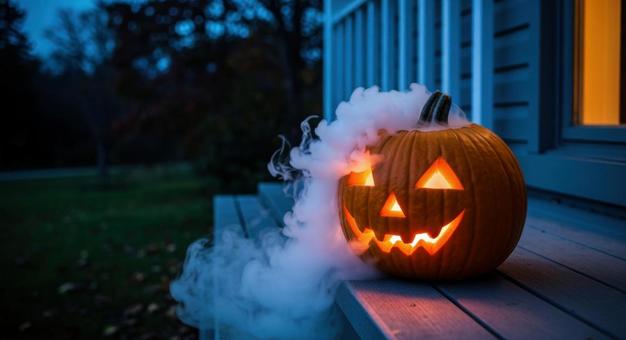 煙を吐き出すジャック・オー・ランタンの写真