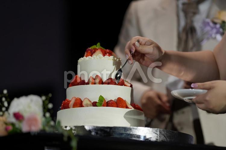 ケーキをスプーンで分ける新婦の手 ウェディングケーキ,結婚式,儀式の写真素材
