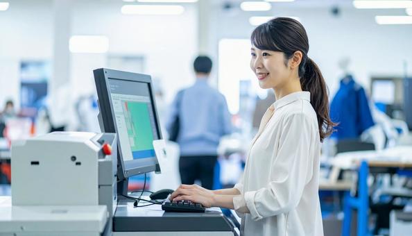 工場の三次元測定機を使う作業服の女性 工場の三次元測定機を使う作業服の女性の写真