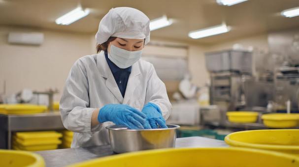 食品工場での衛生的な作業の写真