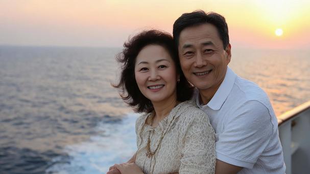 美しい夕焼けを背景に寄り添うカップルの写真