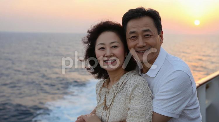 美しい夕焼けを背景に寄り添うカップル カップル,夫婦,男女の写真素材