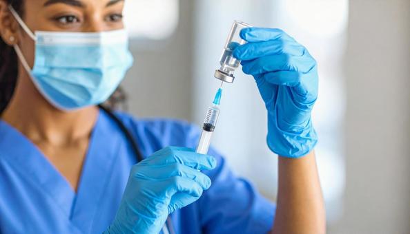 医師が注射器に薬品を充填している様子 医師が注射器に薬品を充填している様子の写真