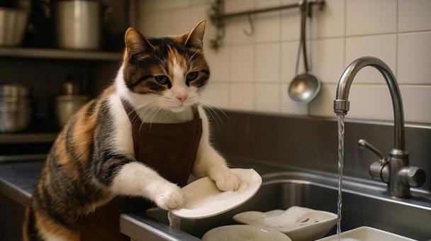 キッチンで洗い物をする三毛猫 キッチンで洗い物をする三毛猫の写真