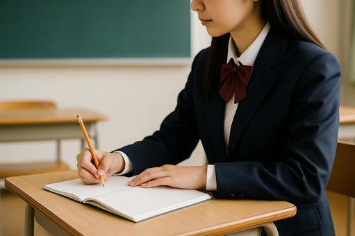 教室でノートを取る女子高生 教室でノートを取る女子高生の写真