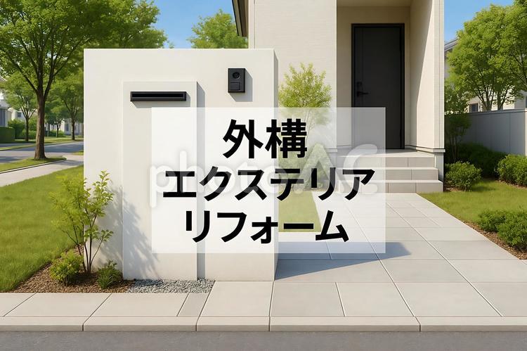 ホワイト門柱と直線アプローチが映える外構 門柱,アプローチ,玄関の写真素材