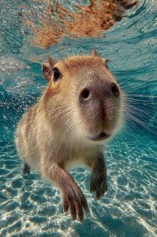 透明な水の中でこちらを見るカピバラ 透明な水の中でこちらを見るカピバラの写真