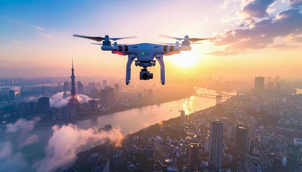 都市上空を飛行するドローン 都市上空を飛行するドローンの写真