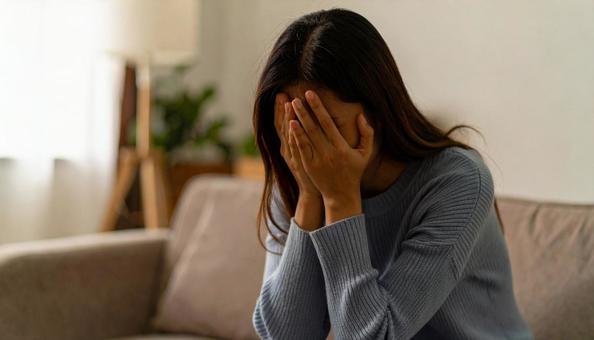 顔を両手で覆って泣く日本人女性 顔を両手で覆って泣く日本人女性の写真