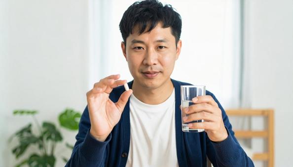 薬を飲む男性 薬を飲む男性の写真