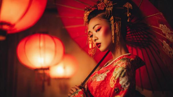 艶やかに傘をさす女性 艶やかに傘をさす女性の写真
