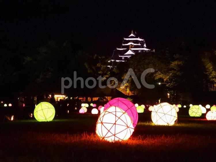 ライトアップした岡山後楽園〜岡山城を臨む 後楽園,庭園,夏の幻想庭園の写真素材