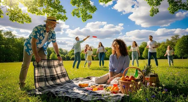 夏の公園でピクニックを楽しむ人達 夏の公園でピクニックを楽しむ人達の写真