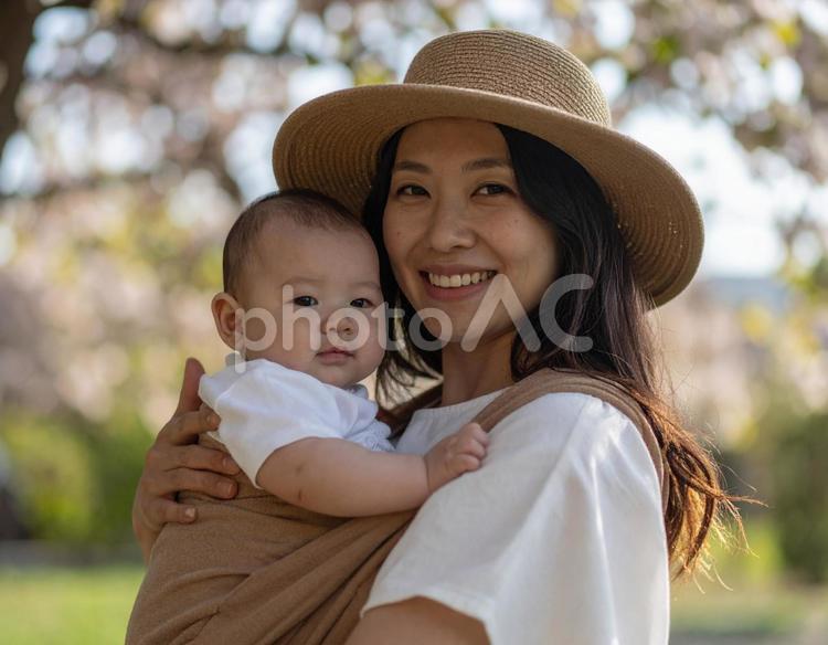 春の公園で赤ちゃんを抱く笑顔の母親 母親,赤ちゃん,親子の写真素材