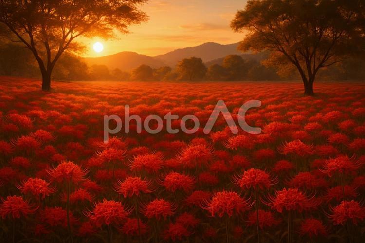 夕日に染まる彼岸花の群生地 夕日,彼岸花,群生の写真素材