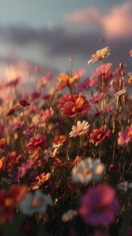 幻想的な光に包まれた豊かな花畑 幻想的な光に包まれた豊かな花畑の写真