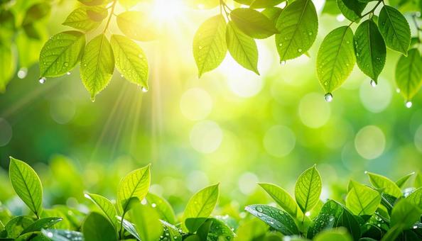 木漏れ日と新緑と水滴の写真素材の写真