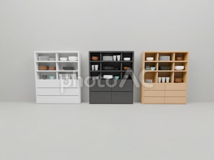 3種類の食器棚 食器棚,家具,シンプルの写真素材