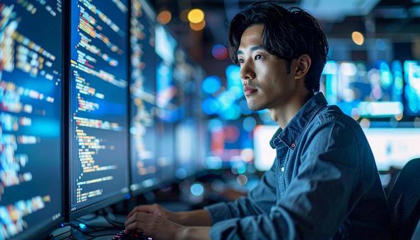 未来的なオフィスで作業するプログラマーの写真