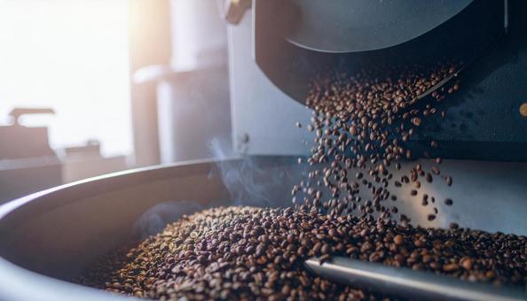 焙煎機の中で焙煎されるコーヒー豆 焙煎機の中で焙煎されるコーヒー豆の写真