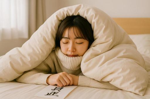 布団から出られない女性の写真