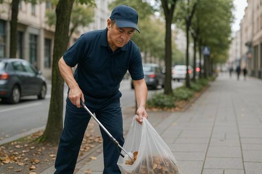 街路で落ち葉を拾う人 街路で落ち葉を拾う人の写真