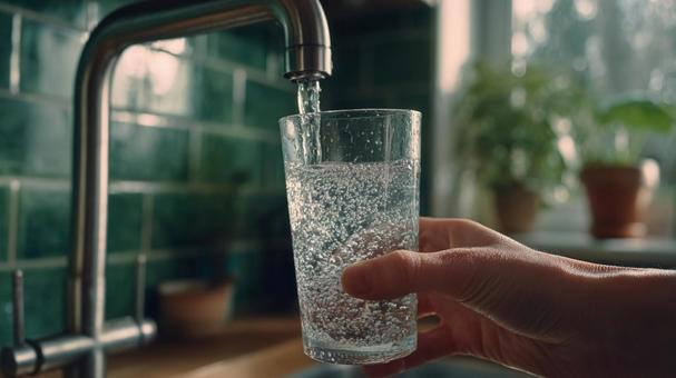 きめ細かな泡が立つグラスの水の写真