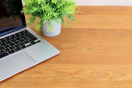 Photo, laptop, copy space, wood grain table, 