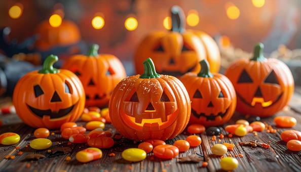 ハロウィン　お化けカボチャとお菓子の写真