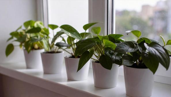 窓際の観葉植物・ミニ植物・ポトス 窓際の観葉植物・ミニ植物・ポトスの写真