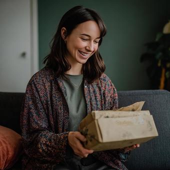 ソファでくつろぐ女性と箱 ソファでくつろぐ女性と箱の写真