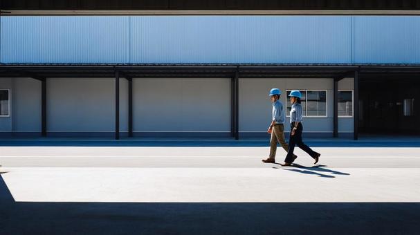 工場敷地を歩く作業員の写真