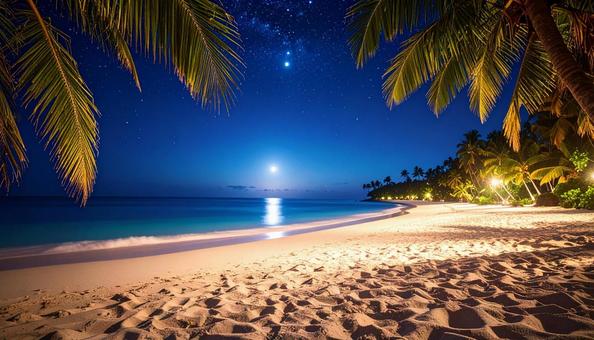 南国のビーチの夜景 月 水平線 南国のビーチの夜景 月 水平線の写真