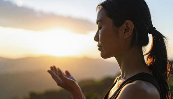 山で瞑想する女性 山で瞑想する女性の写真
