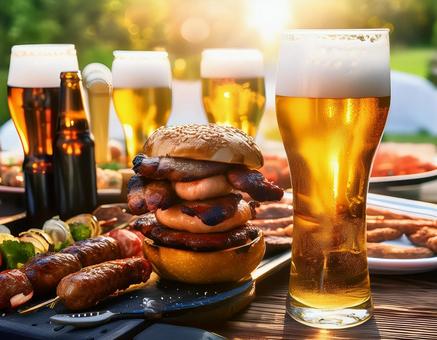 バーベキューでビール バーベキューでビールの写真