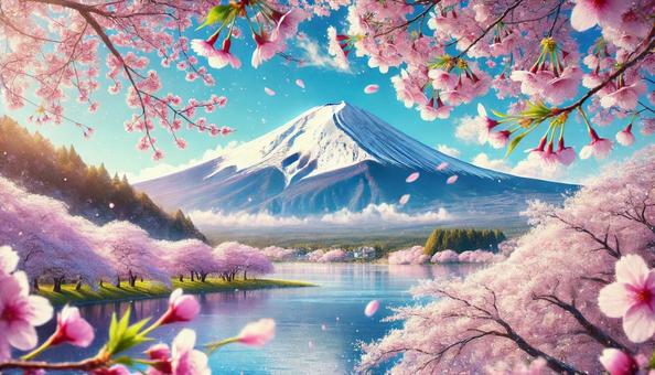 Spring scenery of Mount Fuji with cherry blossoms in bloom, fuji mountain, cherry blossoms, spring, JPG