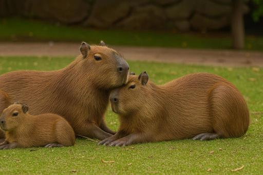 3匹のカピバラが仲良く並んで座っている 3匹のカピバラが仲良く並んで座っているの写真